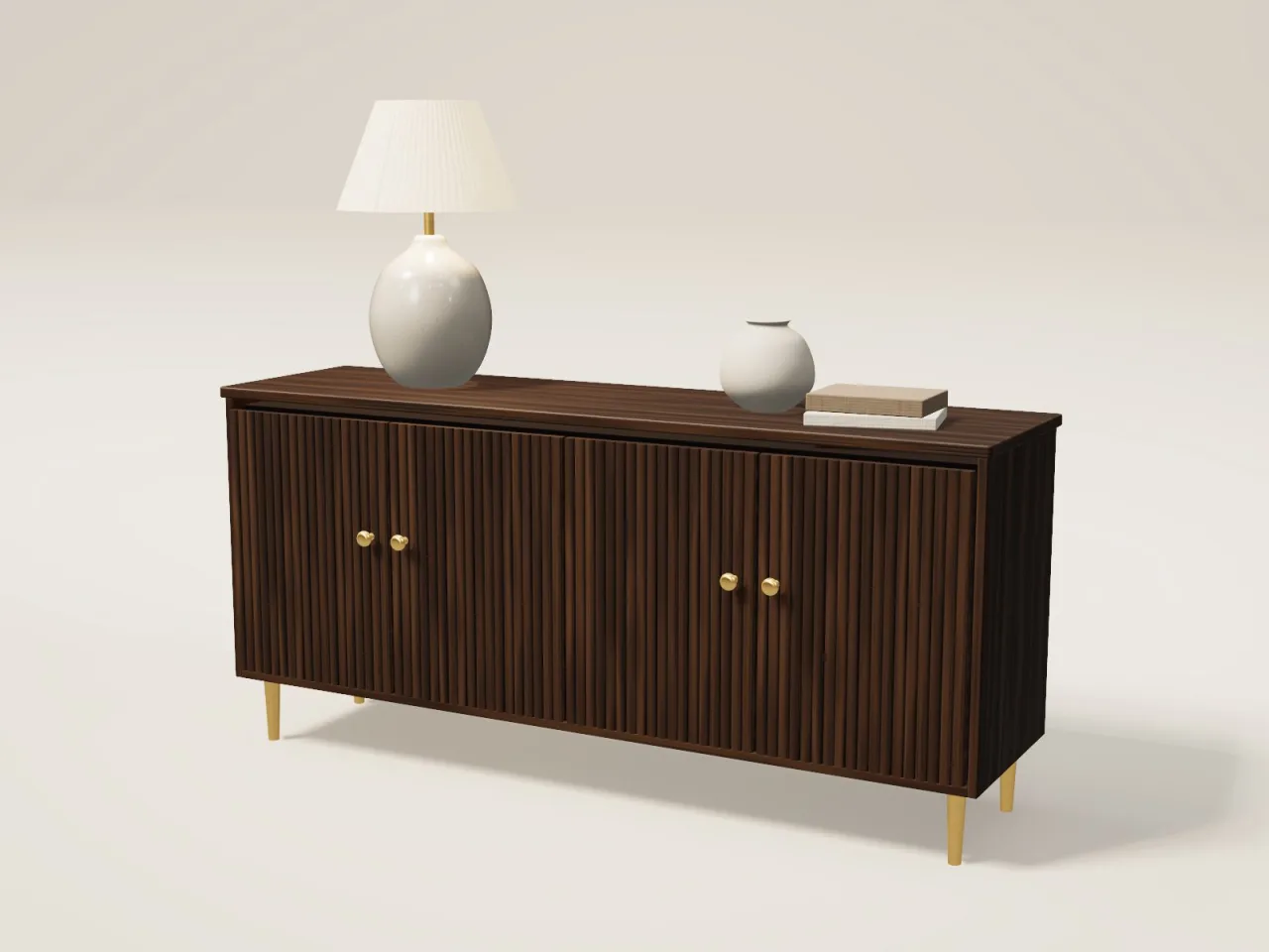 Walnut sideboard with four fluted doors, brass knobs and brass legs