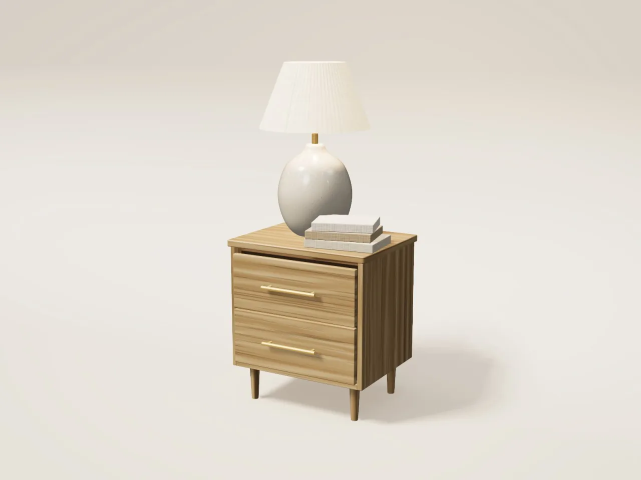Oak two-drawer nightstand with a ceramic table lamp