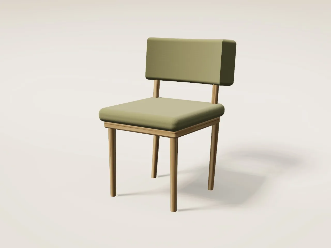 Dining chair with curved back upholstered in olive fabric on an oak frame