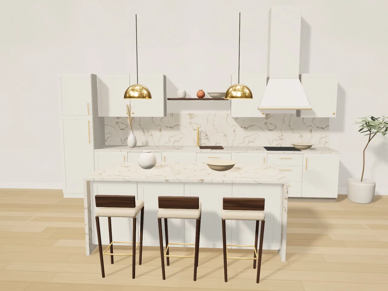 Ivory shaker kitchen with marble worktops, brass handles and a waterfall island