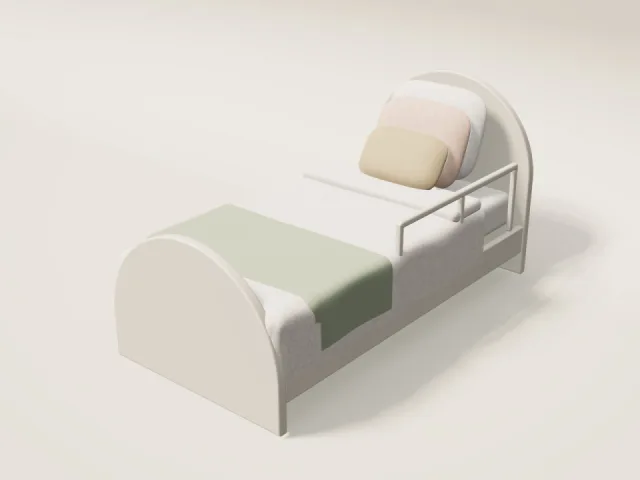 Ivory single kids bed with arched headboard and soft pastel bedding