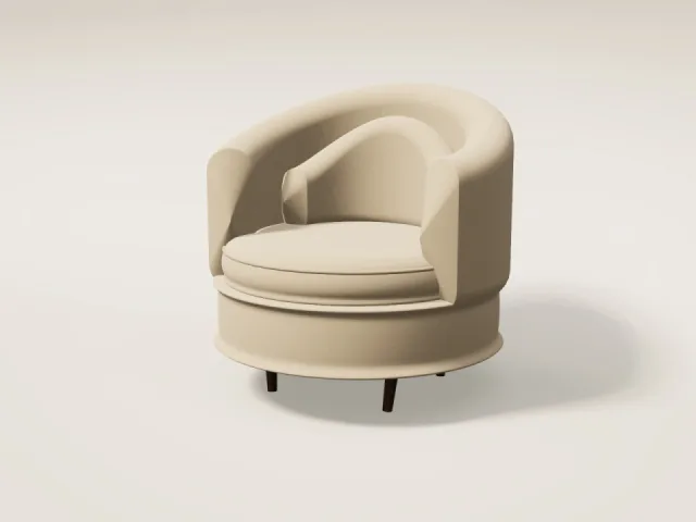 Curved barrel armchair upholstered in sand fabric on walnut legs