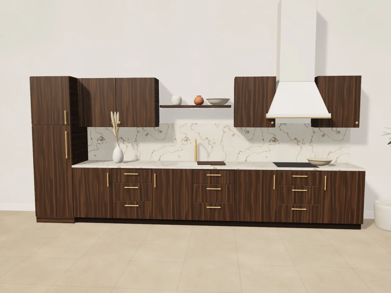 Walnut kitchen with marble worktop and splashback and brushed brass handles