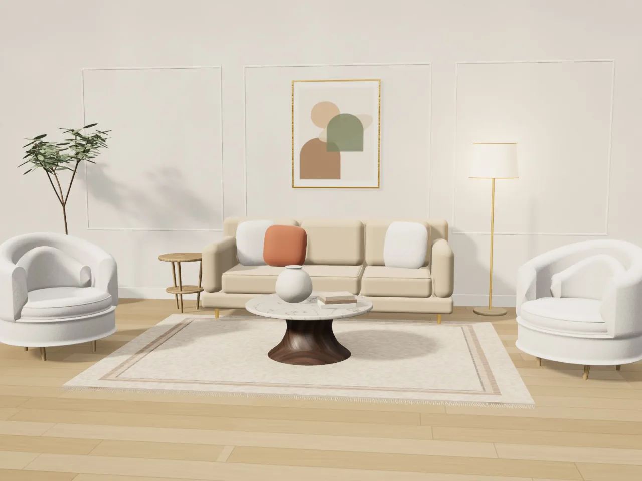 Living room salon set: sand sofa, two boucle armchairs and a marble coffee table on a wool rug