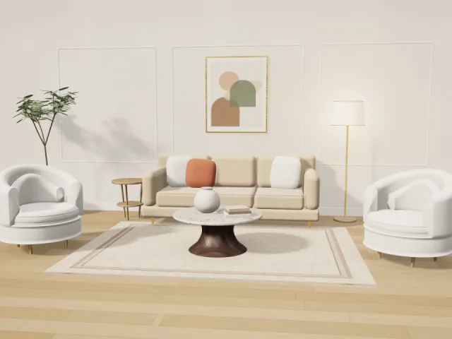 Living room salon set: sand sofa, two boucle armchairs and a marble coffee table on a wool rug