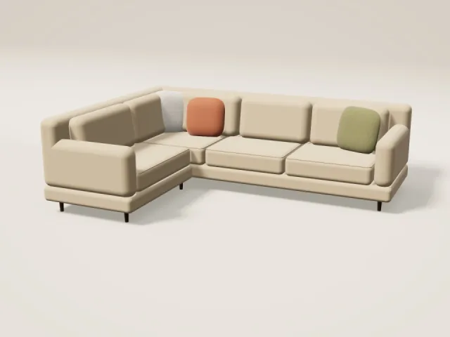 L-shaped corner sofa in sand fabric with scatter cushions