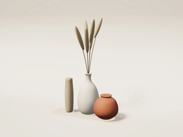 Set of three ceramic vases in cream, sand and terracotta with dried stems
