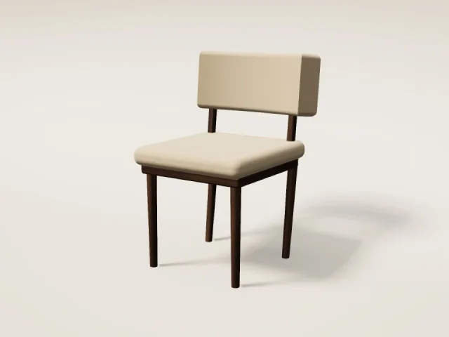 Dining chair with curved back upholstered in sand fabric on a walnut frame